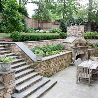 Stone Backyard, Sloped Backyard Landscaping, Terraced Backyard, Sloped Yard, Outdoor Fireplace Designs, Sloped Backyard, Stone Steps, Landscaping Retaining Walls, Sloped Garden