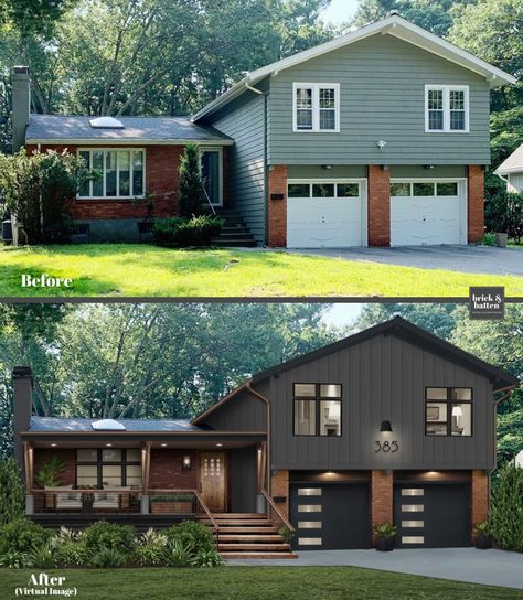 12 Red Brick House Design Updates with Photos - brick&batten Mid Century Modern Homes Exterior, Red Brick House Exterior, Red Brick Exteriors, Brick House Designs, Exterior House Renovation, Exterior House Remodel, House Makeovers, Home Exterior Makeover, Red Brick House