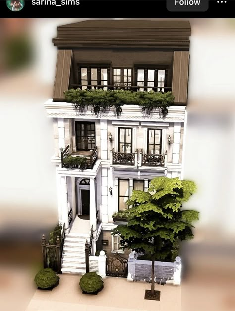 Sims 4 City Townhouse, Sims Parisian House, Sims 4 English Townhouse, Sims Townhouse Floor Plans, Sims 4 Townhouse Layout, Sims 4 Bgc House, Sims 4 Front Entrance Ideas, Sims 4 House Windenburg, Sims 4 Brownstone Build