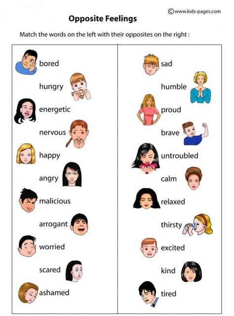 Opposite Feelings worksheets http://www.kids-pages.com/folders/worksheets/Opposites/FeelingsOpposites.pdf Opposite Action, Opposites Worksheet, Ingles Kids, Worksheets For Preschoolers, English Teaching Materials, Esl Vocabulary, Kids Pages, English Activities, Grammar Lessons