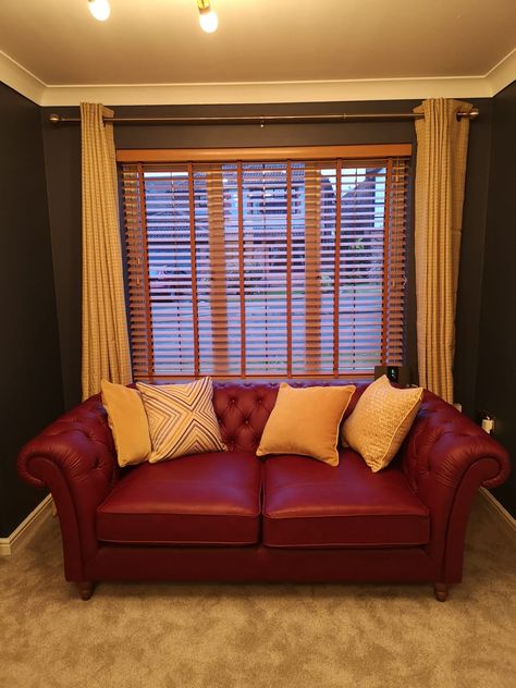 Hague blue walls with ochre curtains from #next, oak shutters from #blindstogo and oxblood red Ashingdon chesterfield from #marksandspencer. Mustard cushions from #Matalan Hague Blue Living Room, Ochre Curtains, Oak Shutters, Mustard Cushions, Hague Blue, Oxblood Red, Blue Living Room, Blue Walls, Shutters