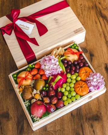 Celebration & Congratulatory Gifts | make hay, sunshine! Fruit Parcel Gift Basket Ideas, Fruit And Flower Box Ideas Gift, Fruits Box Gift, Fruit Boxes Ideas, Fruit Basket Ideas Gift For Wedding, Christmas Fruit Basket Ideas, Fruit Gift Box Ideas, Gift Fruit Basket Ideas, Fruits Basket Ideas