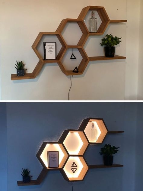 Home Decor Shelves, Hexagon Shelves, Cute Diy Room Decor, Wall Shelves Design, Bedroom Decor Design, Diy Furniture Table, Rustic Garden Decor, Shelf Design, Woodworking Designs