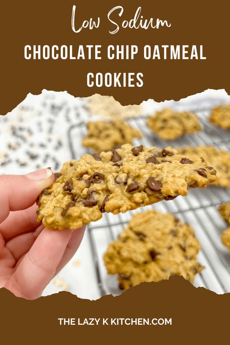 Oatmeal Cookies Soft, Low Sodium Desserts, Oatmeal Cookie Recipes Healthy, Low Sugar Cookies, Heart Healthy Recipes Low Sodium, Oatmeal Cookie Recipe, Chocolate Chip Oatmeal Cookies, Oatmeal Chocolate Chip Cookie Recipe, Homemade Chocolate Chip Cookies