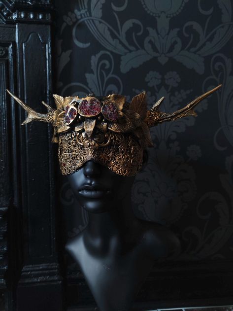 Gold Horned Pomegranate Mask Persephone Costume, Goddess Face, Unique Masks, Gold Mask, Costume Masks, Beautiful Mask, Masquerade Mask, Creature Concept Art, Creature Concept