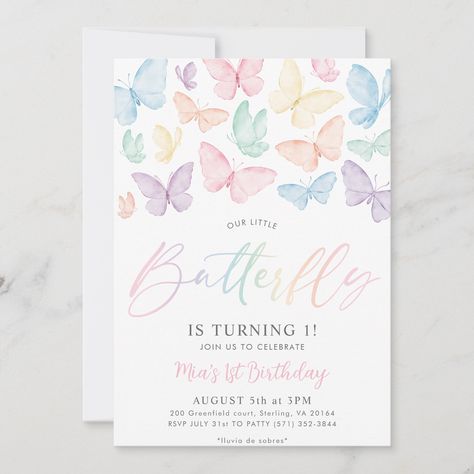 Girls First Birthday Party, Rainbow Party Invitations, Butterfly 1st Birthday, Butterfly Theme Party, Pastel Butterfly, Anna Birthday, Beach Birthday Party, Butterfly Birthday Party, One Year Birthday