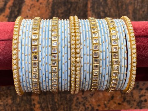 Metal bangles in sky blue colour with kundan bangles set.. Just rs 599+ship..tnnqpj Sky Blue Bangles, Punjabi Bangles, Indian Bangles Set, Colourful Bangles, Velvet Bangles, Kundan Kada, Blue Bangles, Kada Bangles, Wedding Bangles