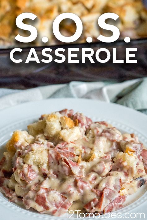 S.O.S. Casserole | 12 Tomatoes Creamed Chipped Beef Casserole, 5 Can Casserole, S.o.s Recipe, Chipped Beef Casserole, Meaty Casseroles, Twelve Tomatoes, Hamburger Casseroles, Basque Food, Creamed Chipped Beef