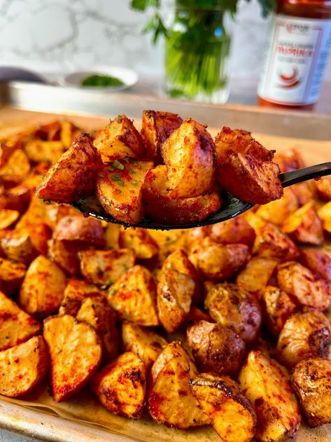 Perfectly roasted potatoes - crispy on the outside, buttery soft on the inside, and laced with smoky paprika and crunchy salt. Sweet, smoky, salty, and completely divine. Also, super easy and made with 4 ingredients. #glutenfree #potatoes #sidedish #easyrecipe #healthyrecipe Paprika Recipes, Potatoes Crispy, Paprika Potatoes, Pork Soup, Seasoned Potatoes, Sheet Pan Suppers, Vegetarian Desserts, Celebrity Chef, Cooking Instructions