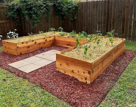 Risen Garden Beds, L Shaped Garden Bed, Box Garden Ideas Raised Beds, U Shaped Garden Bed, U Shaped Raised Garden Beds, U Shape Garden, Raised Bed Design, Garden Bed Diy, Flower Beds Diy