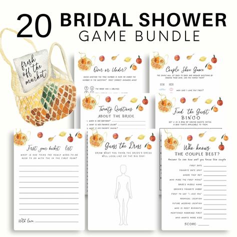 Fresh Off The Market Bridal Shower Game Bundle 💍 25 games and signs included in this one a kind bundle! This bundle is perfect to bring family and friends together to celebrate a newly engaged couple! These games are beautifully and carefully crafted to make sure your party looks amazing and your guests have a blast. Works great for groups and audiences of any size. *No Physical Item will be Sent - This is a Template* ⭐ MATCHING MEGA BUNDLE https://www.etsy.com/listing/1744549792/fresh-off-the- Bridal Shower Brunch Favors, Fresh Off The Market, She’s Off The Market Bridal Shower Ideas, Off The Market Bridal Shower Theme, Rehearsal Brunch, Bridal Shower Party Games, Shower Games Bridal, Bridal Party Games, Spring Bridal Shower