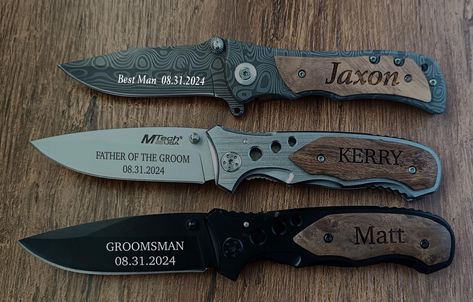 This personalized engraved pocket knife is a perfect wedding gift for Groomsmen, Groom, Brother of the Groom, Brother of the Bride. These meaningful custom engraved knives, and wedding gifts for Best Man from the groom. These are ideal bachelor party presents for the groomsman, usher, officiant, Father of the Groom, or Father of the Bride. Tell your chosen best man and groomsman that it's time to suit up with these folding hunting knives groomsmen proposal ideas. This custom made knife with a clip is a thoughtful gift for men.  Includes a gift box, so you'll be ready to present it to someone special as soon as your package arrives. Engraving; We recommend 40 Characters ( Letters) including spaces. Less is better The more characters, the smaller the font size. Available in THREE Brands Belo Groomsmen Proposal Box Ideas, Groomsmen Proposal Ideas, Gifts For Best Man, Brother Of The Groom, Hispanic Wedding, Best Man Wedding, Engraved Knife, Character Letters, Wedding Gifts For Groomsmen