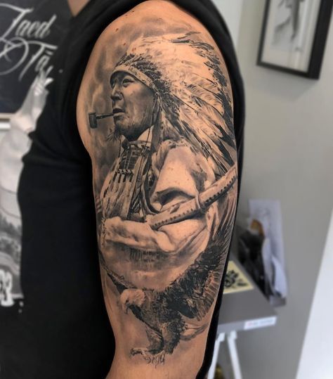 American Tattoo Sleeve, Indian Headdress Tattoo, Indian Chief Tattoo, Native Indian Tattoos, Indian Girl Tattoos, Indian Tattoo Design, 42 Tattoo, Indian Tattoos, Mandala Tattoo Sleeve