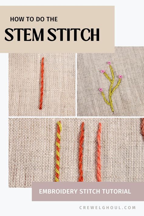 The stem stitch is a basic embroidery stitch that everyone should learn how to do. This stitch is commonly used for outlines because it looks like a rope. But there are actually other creative ways you can use it - outline shapes, create stems and vines, embroider letters...you can even use it for filling in areas! How To Stem Stitch, Stem Stitch Embroidery, Embroider Letters, Outline Shapes, Stem Stitch, Basic Embroidery, Embroidery Stitch, Basic Embroidery Stitches, Stitch Tutorial