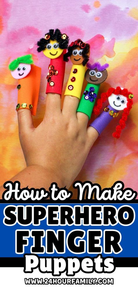 Learn how to make DIY superhero finger puppets with this easy guide. Perfect for kids' crafts and imaginative play, these puppets are fun to create and play with. Follow the step-by-step instructions to make your own superhero characters at home. How To Make Puppets, Superhero Crafts For Kids, Puppets To Make, Make Your Own Superhero, Diy Superhero, Glove Puppets, Superhero Crafts, Puppets For Kids, Puppets Diy