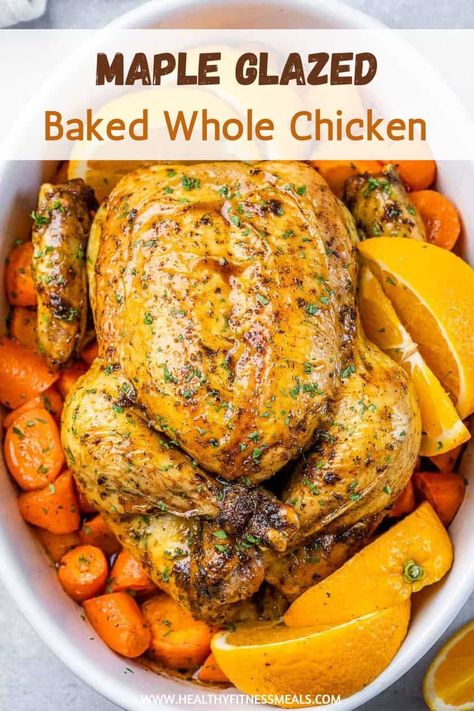 Maple Glazed Baked Whole Chicken has all the delicious flavors that you crave in a home-cooked meal. This will be your new favorite dinner! Whole Chicken Recipes For Thanksgiving, Chicken Recipe For Thanksgiving, Small Chicken Recipe Whole, Thanksgiving Whole Chicken Recipes, Hen Recipes Whole, Chicken For Thanksgiving Recipes, Best Baked Whole Chicken, Chicken Glaze Recipes, Whole Baked Chicken Recipes