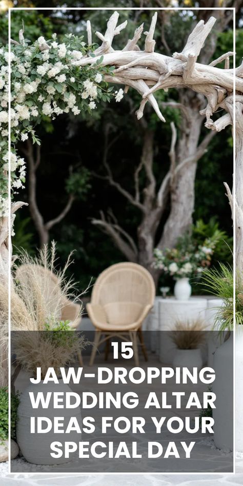 Looking for jaw-dropping wedding altar ideas? We've got you covered! Discover 15 unique altar designs that can add a personal touch to your special day. From romantic driftwood arbors to elegant floral backdrops, these diverse styles will make your wedding ceremony unforgettable. Whether you're dreaming of a rustic vibe or a garden celebration, our curated list highlights the most beautiful altar setups that are sure to take your breath away. It's time to say 'I do' beneath an enchanting and stylish wedding altar! Alternative Wedding Arbour, Wedding Altar Ideas, Anniversary Dinner Outfit, Garden Celebration, Classy Wedding Cakes, Driftwood Wedding, Unique Wedding Ceremony Ideas, Floral Backdrops, Wedding Altar