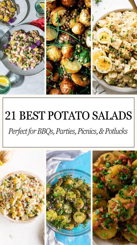 Potato salad collage. Easy Potatoes For A Crowd, Gourmet Picnic Food Ideas, Picnic Salad Recipes, Easy Dressing Recipe, Herbed Potato Salad, Bbq Potluck, Picnic Salad, French Potato Salad, Potato Salad Recipes