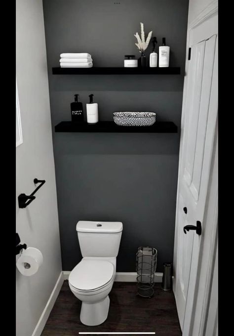 Home Decor Ideas Black, Small Half Bath, Grey And White Bathroom, Bathroom Redecorating, Toilet Room Decor, Black White Bathrooms, Small House Decorating, Restroom Decor, Small Toilet