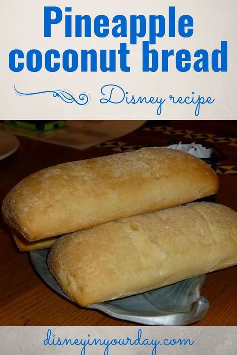 'Ohana pineapple coconut bread recipe - want a tasty Disney treat at home? Make the bread from Ohana with this recipe! Disney in your Day #disneyrecipe #disneyrecipes #ohana #pineapplecoconutbread #breadrecipes #ohanarecipe #disneyathome #disneyinyourday Disney Meals At Home, Ohana Recipes Disney, Ohana Noodles Recipe, Disney World Recipes, Ohana Noodles Recipe Disney World, Ohana Breakfast Disney, Disney Polynesian Resort Recipes, Hawaiin Bread, Tongan Food