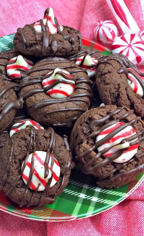 Chocolate Peppermint Thumbprint Cookies, Peppermint Thumbprint Cookies, Thumbprint Cookies Hershey Kiss, Peppermint Kiss Cookies, Candy Cane Kiss Cookies, Kiss Cookie, Kiss Cookie Recipe, Hershey Kiss Cookies, Chocolate Thumbprint Cookies