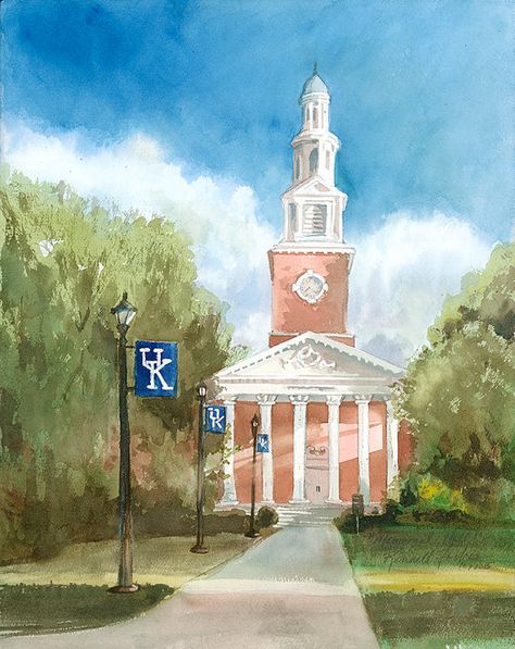 University of Kentucky Memorial Hall hand signed giclee print from an original watercolor. The original painting was inspired by a friend who University Of Kentucky Prints, University Of Kentucky Wallpaper, University Of Kentucky Aesthetic, Kentucky Painting, Kentucky Aesthetic, College Paintings, Kentucky Art, Hall Painting, University Of Ky