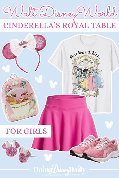 Disney princess t-shirt, bright pink skirt, pink tennis shoes, bright pink minnie mouse ears, cinderella loungefly backpack, and pink minnie mouse earrings Disney World Outfits Family, Matching Disney Outfits, Cute Disney World Outfits, Family Disney Outfits, Walt Disney World Outfits, Matching Outfit Ideas, Magic Kingdom Outfit, Cinderella Royal Table, Dining At Disney World