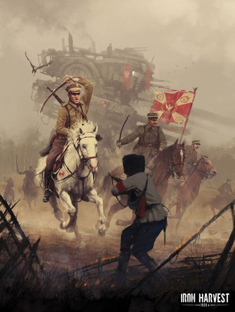 Battle of Warsaw Final Charge Art from Iron Harvest #art #artwork #gaming #videogames #gamer #gameart #conceptart #illustration #ironharvest Jakub Rozalski, Iron Harvest, Russian Revolution, Diesel Punk, Alternate History, Science Fiction Art, Warhammer Fantasy, Arte Fantasy, 판타지 아트