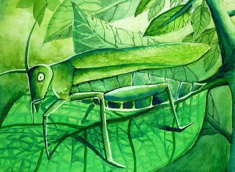 World of one colour; Monochromatic painting of grasshopper Monochromatic Painting, Green Monochrome, Monochrome Painting, Monochromatic Art, 8th Grade Art, 6th Grade Art, Painting Green, Value In Art, Perspective Art