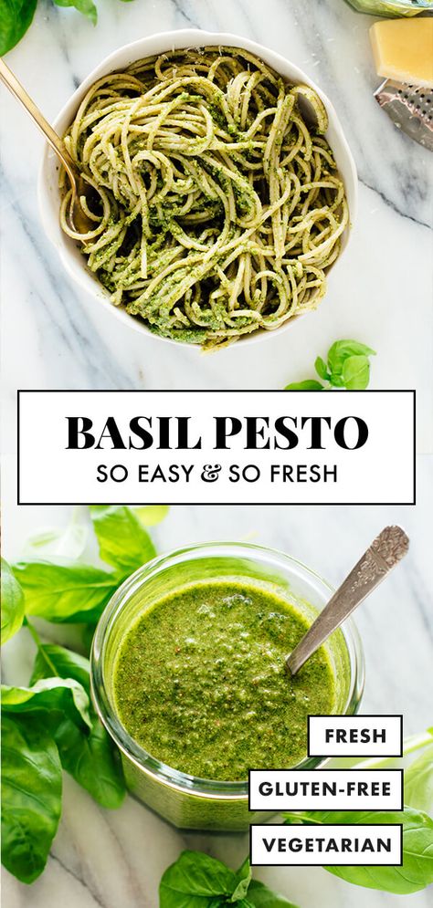 Homemade basil pesto is SO EASY! Learn how to make basil pesto with this recipe. It’s the perfect use for surplus basil, and tastes delicious on pasta, pizza, salads and more. You can’t go wrong! #pesto #basilpesto #summerrecipe #basilrecipe #cookieandkate Healthy Basil Pesto Recipe, Uses For Basil, Homemade Basil Pesto, Make Pesto, Sauce Tartare, Fusilli Pasta, Basil Recipes, Pasta Pizza, How To Make Pesto