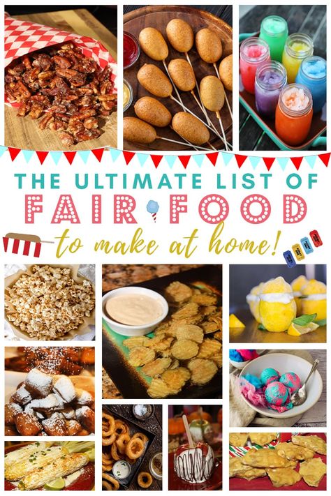 Now you can bring the fairgrounds home! Recreate all the fun food you love to eat at the fair with this ultimate list of carnival inspired recipes! Fair Food Party, Copycat Fair Food Recipes, Carnival Snacks Fair Foods, Fair Food Dessert, Carnival Dessert Ideas, State Fair Food Recipes At Home, Elevated Carnival Food, Fair Food Recipes Easy, Fall Carnival Food Ideas