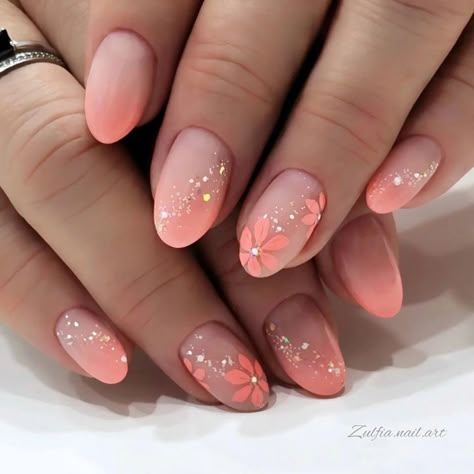 Cute Floral Nail Designs, Floral Nails Designs, Nails Sommer, Peach Nails, Coral Nails, Floral Nail Designs, Blush Nails, Short Acrylic Nails Designs, Nail Designs Glitter