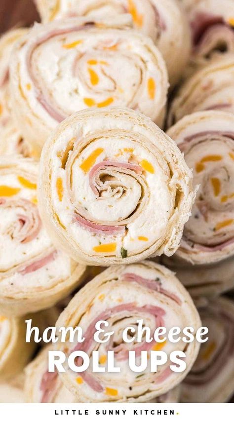 Ham and Cheese Roll Ups are the easiest appetizer recipe and perfect for parties, game day, or even as a quick lunch. Just 5 simple ingredients are needed. Han And Cheese Roll Ups, Ham Tortilla Roll Ups, Lunchmeat Roll Ups, Ham Roll Ups With Cream Cheese, Ham And Cheese Rollups, Holiday Munchies, Ham Pinwheels, Tortilla Pinwheels Recipe, Cheese Roll Ups