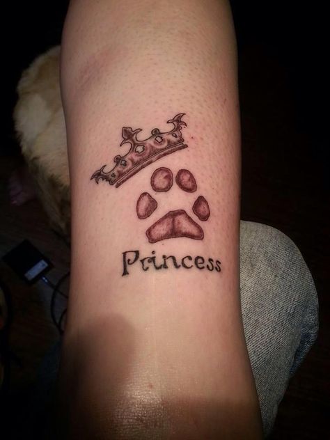 Princess dog paw and crown done by @ray machiela Paw Print With Crown Tattoo, Dog Crown Tattoo, Dog With Crown Tattoo, Dog Paw Tattoo Ideas, Dog Paw Tattoos, Paw Tattoo Ideas, Princess Crown Tattoos, Tiara Tattoo, Paw Tattoos