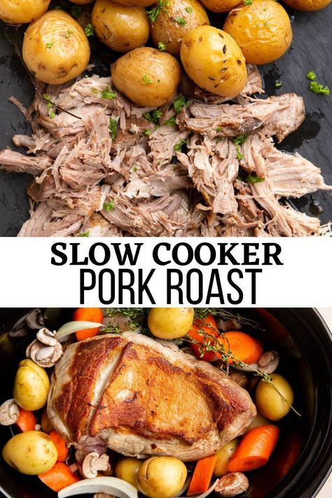 Pork Roast With Potatoes, Simple Sunday Dinner, Pork Roast Crock Pot Recipes, Potatoes Mushrooms, Pork Pot, Crockpot Pork Roast, Slow Cooker Pork Roast, Roasted Potatoes And Carrots, Pot Roast Crock Pot Recipes