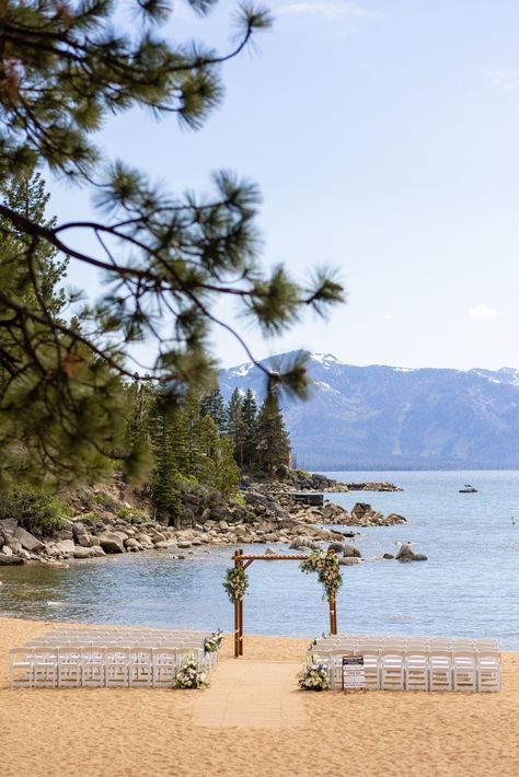 June wedding in Lake Tahoe at Round Hill Pines Beach Resort Lake Tahoe Beach, Wedding Lake, Lake Tahoe Wedding, California Wedding Venues, Lake Tahoe Weddings, Beach Ceremony, Tahoe Wedding, June Wedding, Wedding Outdoor