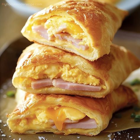 Ham, Egg and Cheese Pockets | Quick Breakfast Recipe - My Home Made Recipe Ham Egg And Cheese Pockets, Ham And Egg Crescent Rolls, Ham Egg Cheese Crescent Roll Casserole, Ham Egg And Cheese Croissant, Ham And Eggs Breakfast, Egg And Cheese Crescent Rolls, Ham And Cheese Croissants, Cheese Pockets, Crescent Breakfast