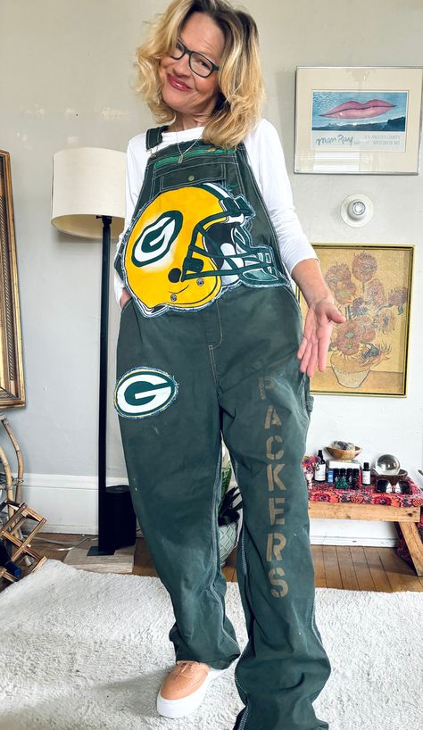 Decorated Overalls For Football, Packers Game Day Outfit, Football Jean Jacket Diy, Game Day Overalls, Nfl Jean Jacket Diy, Painted Game Day Jean Jacket, Custom Gameday Outfits, Football Mom Outfit, Nfl Denim Jacket