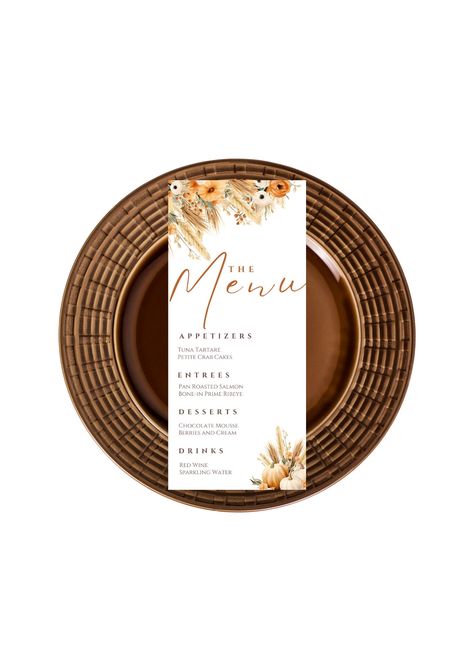 Fall Wedding Menu, Boho Florals, Bridal Shower Menu, Baby Shower Menu, Menu Card Template, Birthday Menu, Fall Menu, Menu Wedding, Birthday Dinner Party