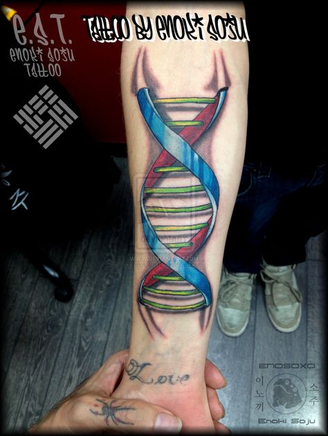 3D DNA Strand Tattoo By Enoki Soju by enokisoju.deviantart.com on @deviantART Biology Tattoo, Science Tattoo, Science Tattoos, Dna Art, Dna Tattoo, Molecule Tattoo, Nerdy Tattoos, Geek Tattoo, Sibling Tattoos