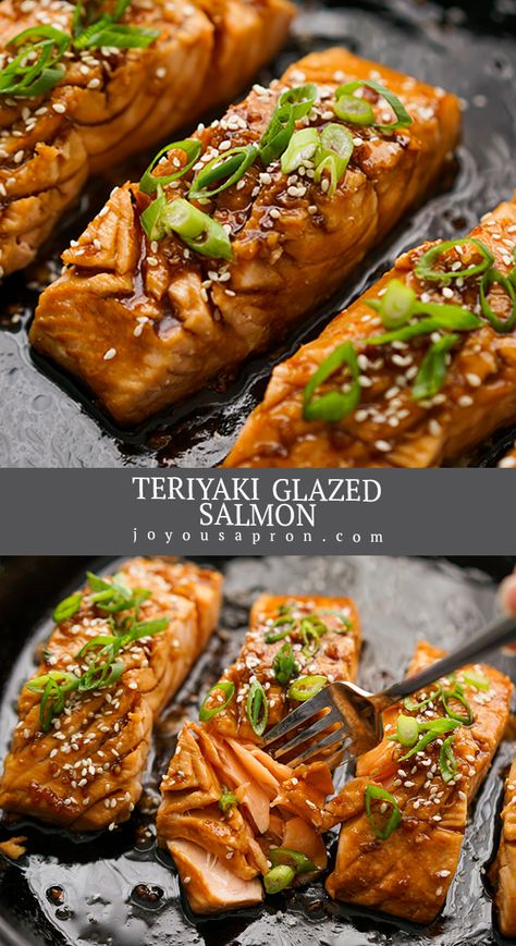 Salmon with Teriyaki Sauce - an easy and yummy Asian inspired fish dish is the perfect dinner meal. Pan seared and coated with homemade Teriyaki Sauce, this seafood recipe is also healthy, quick and takes only 20 minutes! #salmon #Asian #fish #Japanese #seafood #easydinner #dinner #recipe #joyousapron Teriyaki Salmon Pan Seared, Asian Inspired Salmon, Salmon Japanese Recipe, Japanese Seafood Recipes, Japanese Fish Recipe, Japanese Salmon Recipes, Salmon Asian, Salmon Japanese, Japanese Salmon