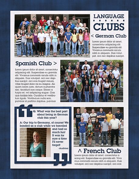 Yearbook Layouts Clubs, Yearbook Club Spreads, Yearbook Spreads Ideas, Magazine Yearbook, School Magazine Ideas, Jostens Yearbook, Yearbook Mods, Yearbook Design Layout, Teaching Yearbook