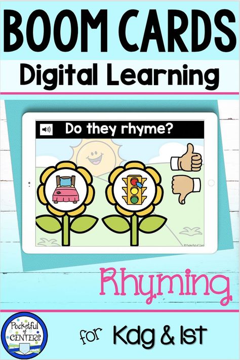 Here is a fun activity you can send to your students to use during distance learning. Boom Cards are digital task cards that can be accessed on laptops, tablets or smartphones. This rhyming set includes 16 task cards with sound. Perfect for a Kindergarten phonemic awareness activity in Spring! Virtual Learning Kindergarten, Rhyming Kindergarten, Phonemic Awareness Kindergarten, Learning Kindergarten, Virtual Teaching, Phonemic Awareness Activities, Kindergarten Language Arts, Rhyming Activities, Virtual Classroom