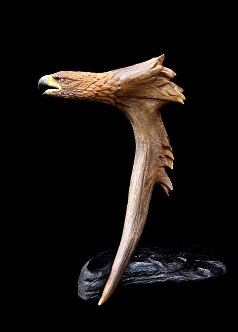 Carving Deer Antlers, Antler Carving, Deer Antler Pipe, Deer Skull Decor, Eagle Artwork, Deer Antler Crafts, Painted Driftwood, Antler Crafts, Carved Wood Wall Art