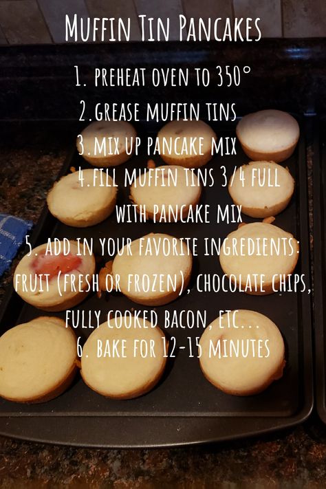 Oven Pancake Recipe Muffin Tins, Pancake Mix In Muffin Tin, Pancakes In Muffin Tin Breakfast, Muffin Pancakes Recipes, Pancakes In The Oven Muffin Tins, Breakfast In Cupcake Pan, Pancake Cupcakes Breakfast, Breakfast Ideas Muffin Tin, Muffins With Pancake Mix How To Make