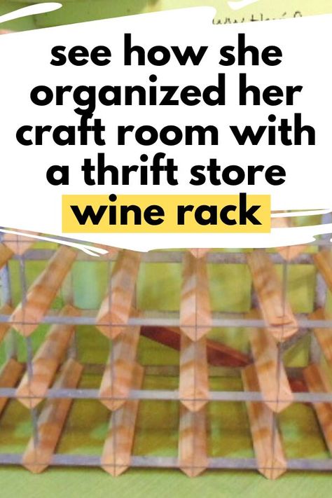 Check out this creative DIY idea how to organize your craft room on a budget. Using a thrift store wine rack and upcycled pringles containers you can organize your craft room quick and for cheap. What To Do With An Old Wine Rack, Diy Wine Racks Ideas, Repurpose Wine Rack Ideas, Repurposed Wine Rack Reuse Ideas, Repurpose Wine Rack, Wine Rack Uses Repurposed, Craft Room Organization On A Budget, Other Uses For Wine Rack, Repurposed Wine Rack