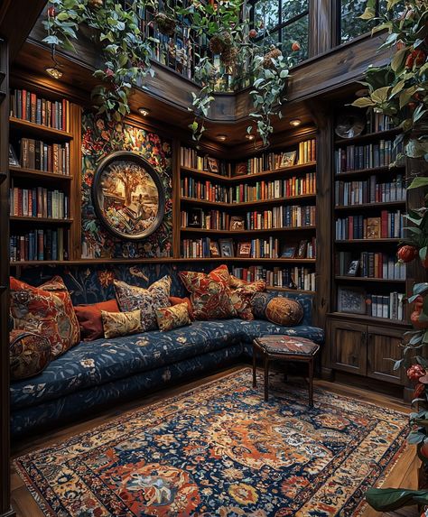 A charming home library with whimsical literary-themed wall art in warm colors, comfortable seating, wooden shelves filled with books, and soft lighting creating an inviting atmosphere for reading and relaxation. Library Movie Room, Library Shop Design, Interior Design Library Home, Comfy Home Library, Art Studio Library, Cozy Library Nook, Cozy Office Library, Home Libraries Ideas, Home Library Office Ideas