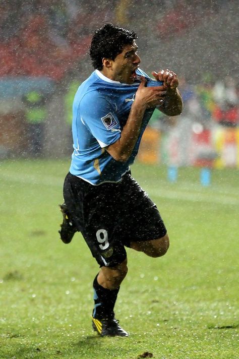 Luis Suarez of Uruguay celebrates scoring his second goal during the 2010 FIFA World Cup South Africa Round of Sixteen match between Uruguay and South Korea at Nelson Mandela Bay Stadium on June 26, 2010 in Nelson Mandela Bay/Port Elizabeth, South Africa. Port Elizabeth South Africa, Port Elizabeth, Nelson Mandela, Fifa World Cup, Fifa, World Cup, South Korea, South Africa, Football