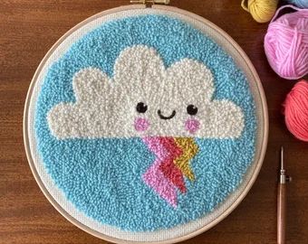 Punch Needle Cloud, Punch Needle Kawaii, Pattern Punch Needle, Punch Needle Pattern, Kawaii Cloud, Punch Needle Kits, Needle Kit, Monks Cloth, Needle Embroidery