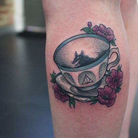 The Grim Tattoo, Grim Tattoo, Flower Tats, Leg Tats, Tattoos 2023, Teacup Tattoo, Emo Tattoos, Prince Tattoos, Hp Tattoo